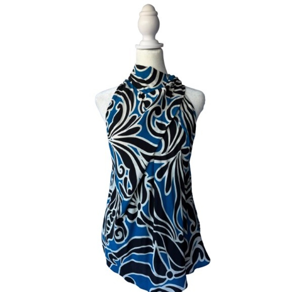 Zara Halter Top Blue White Women Small Abstract Geometric Swirl Wrap Halter Chic